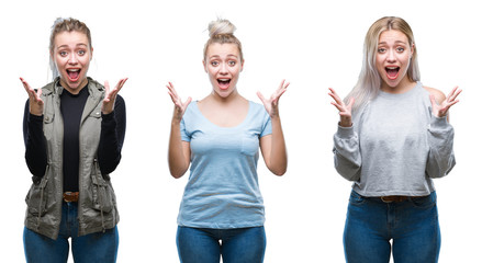 Fototapeta premium Collage of beautiful blonde young woman over isolated background celebrating crazy and amazed for success with arms raised and open eyes screaming excited. Winner concept