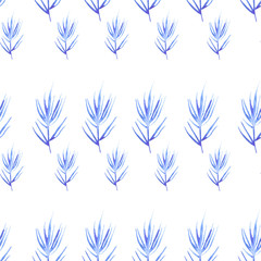 Fototapeta na wymiar Watercolor blue, floral seamless background, texture of leaves, grasses, plants. wild grass, plants. Natural wood pattern. Beautiful pattern for your design. Manual graphics. 