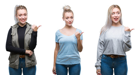 Collage of beautiful blonde young woman over isolated background smiling with happy face looking and pointing to the side with thumb up.