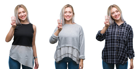 Collage of beautiful blonde young woman over isolated background showing and pointing up with fingers number three while smiling confident and happy.