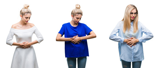 Obraz premium Collage of young beautiful blonde woman over isolated background with hand on stomach because indigestion, painful illness feeling unwell. Ache concept.