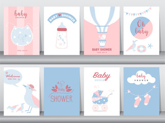 Fototapeta na wymiar Set of baby shower invitations cards,poster,greeting,template,animal,cute,bird,baby apron,Vector illustrations