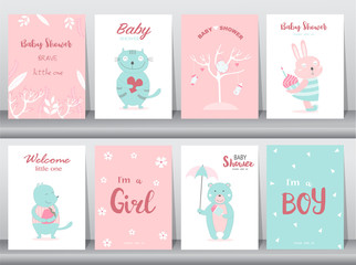 Fototapeta na wymiar Set of baby shower invitations cards,poster,greeting,template,animal,cute,cat,rabbit,bear,Vector illustrations