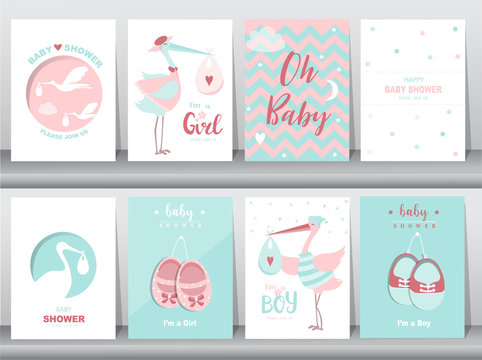 Set of baby shower invitations cards,poster,greeting,template,stork,Vector illustrations.