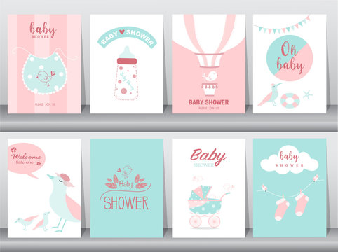 Set of baby shower invitations cards,poster,greeting,template,animal,cute,bird,baby apron,Vector illustrations