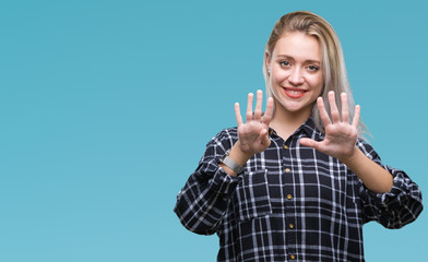 Young blonde woman over isolated background showing and pointing up with fingers number nine while...