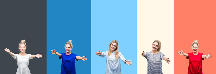 Collage of young beautiful blonde woman over vivid colorful vintage stripes isolated background looking at the camera smiling with open arms for hug. Cheerful expression embracing happiness.