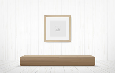 Picture frame and wooden bench in white room space background. Vector.