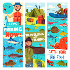 Fishing travel sport and fish catch vector banners