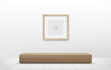 Picture frame and wooden bench in white room space background. Vector.