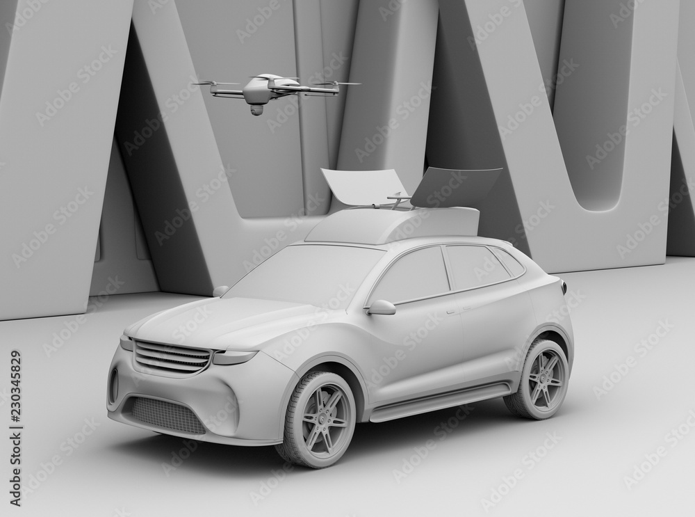 Poster clay rendering of electric suv released drone for leisure entertainment. 3d rendering image.