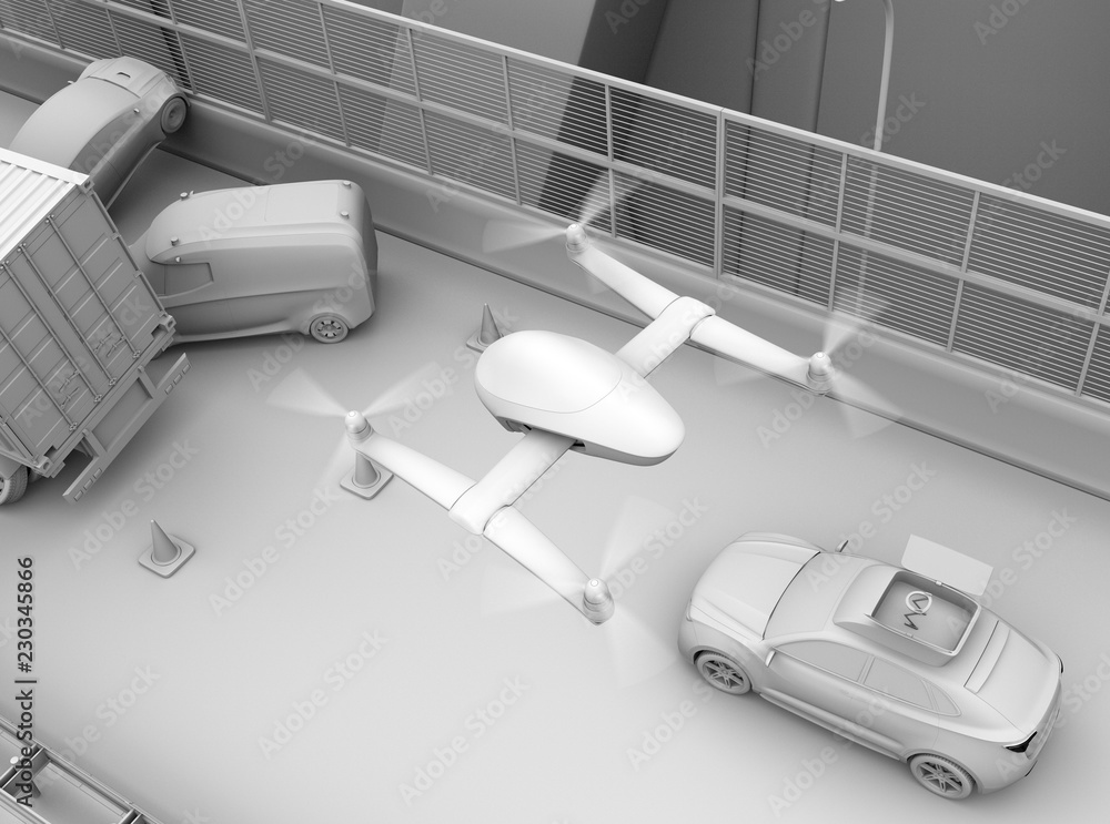 Poster clay rendering of rescue drone flying from electric rescue suv to recording car accident on highway.