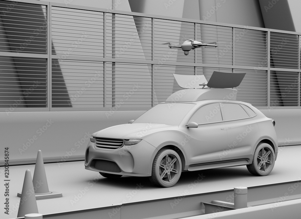 Poster clay rendering of electric rescue suv released drone to recording car accident on highway. 3d render