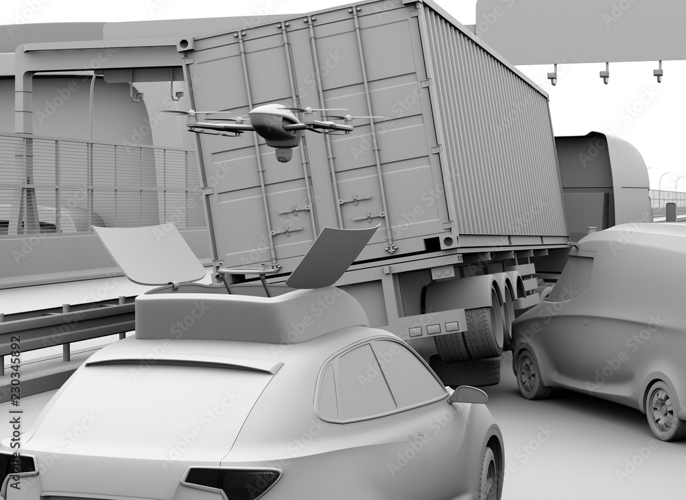 Poster clay rendering of electric rescue suv released drone to recording car accident on highway. 3d render