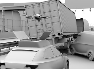 Clay rendering of electric rescue SUV released drone to recording car accident on highway. 3D rendering image.