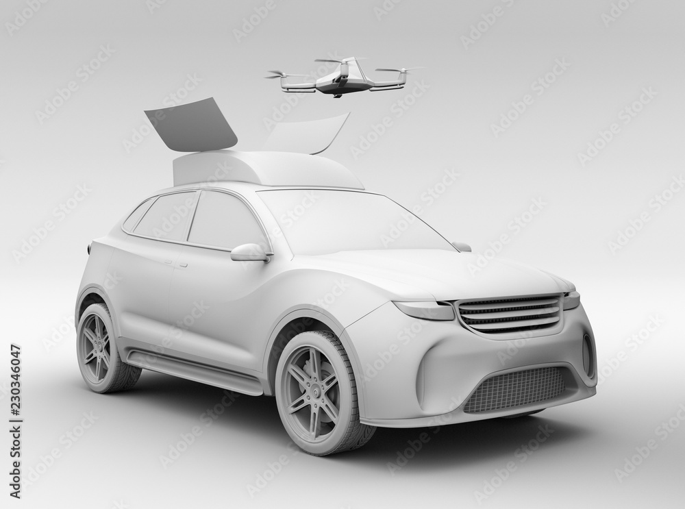 Aufkleber clay rendering of quadcopter drone take off from orange electric rescue suv. 3d rendering image.