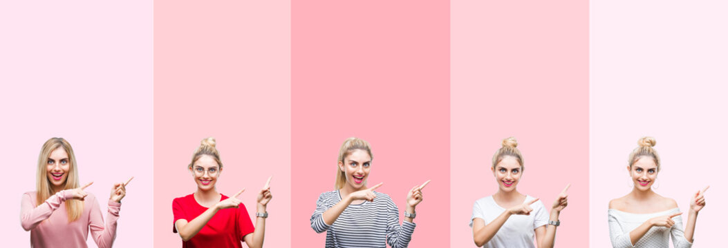 Collage of young beautiful blonde woman over vivid colorful vintage pink isolated background smiling and looking at the camera pointing with two hands and fingers to the side.