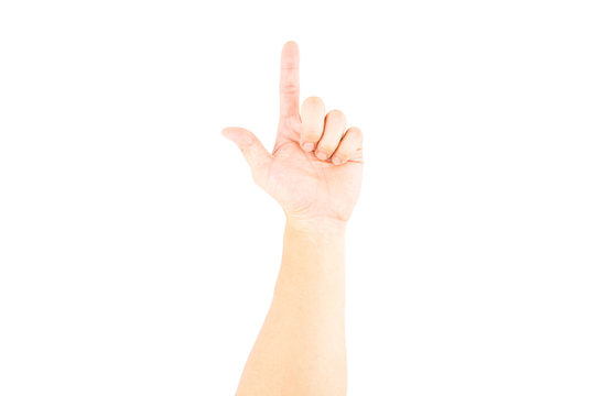 Asian male hand showing fingers  like shooting gun on white background.