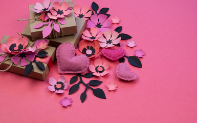 Vintage gift boxes in eco paper on pink background