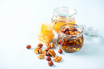 A honey jar with a nuts