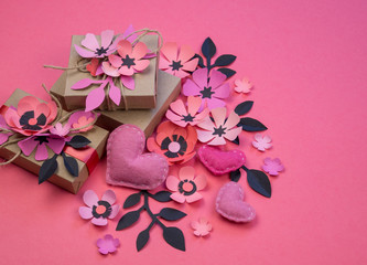 Vintage gift boxes in eco paper on pink background