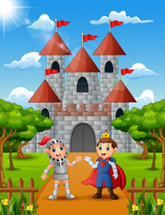 Obraz na płótnie Canvas Prince and knight standing in front of the castle