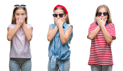 Collage of young little girl kid wearing sunglasses over isolated background shocked covering mouth with hands for mistake. Secret concept.