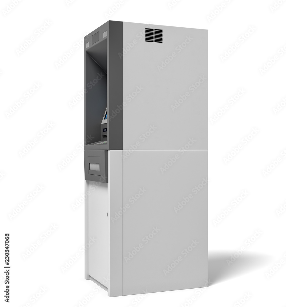 Poster 3d rendering of an isolated bank atm machine with a lit blue screen on white background.