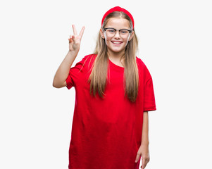 Obraz na płótnie Canvas Young beautiful girl wearing glasses over isolated background showing and pointing up with fingers number two while smiling confident and happy.