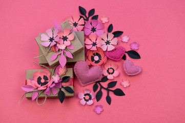 Vintage gift boxes in eco paper on pink background