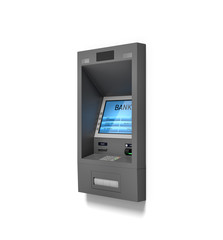 3d rendering of a wall ATM bank machine with a blue screen isolated on white background.