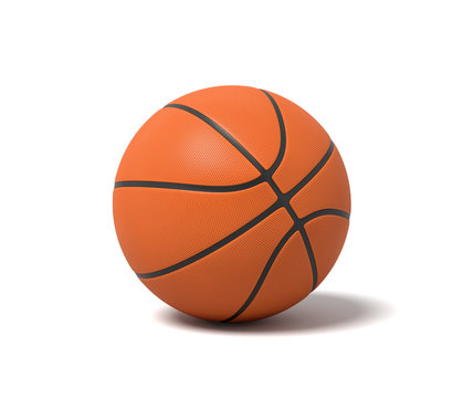 3d rendering of an orange basketball with black stripes standing on a white background.