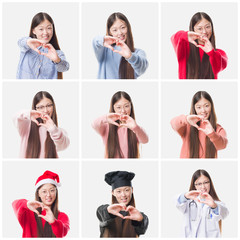 Collage of young doctor, chef asian woman isolated background smiling in love showing heart symbol and shape with hands. Romantic concept.