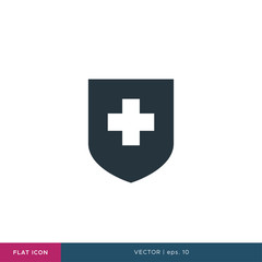 Shield and Medical Cross Icon Vector Logo Flat Design Template.