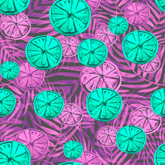 Fototapeta na wymiar Watercolor abstract seamless background, pattern, spot, splash of paint, blot, divorce, color. pink, green leaves of a tree, palms,abstract fruit, citrus, orange.abstract splash. 