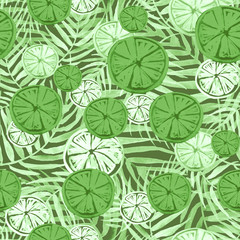 Watercolor abstract seamless background, pattern, spot, splash of paint, blot, divorce, color. Green leaves of a tree, palms,abstract fruit, citrus, orange.abstract splash.green, white paint color. 