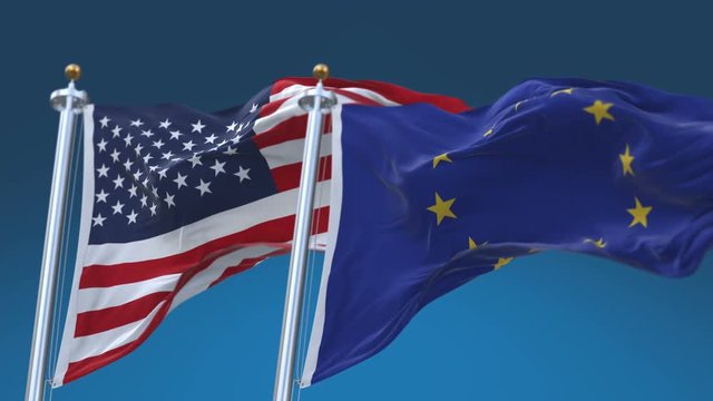 4k Seamless Usa United States of America And European Union EU Flags with blue sky background,A fully digital rendering,The flag 3D animation loops at 20 seconds.