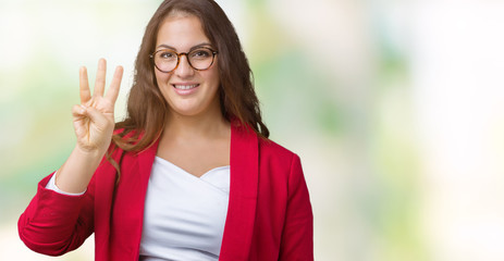 Beautiful plus size young business woman wearing elegant jacket and glasses over isolated background showing and pointing up with fingers number three while smiling confident and happy.