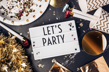 Let's party on light box with party cup,party blower,tinsel,confetti.Fun Celebrate holiday party...