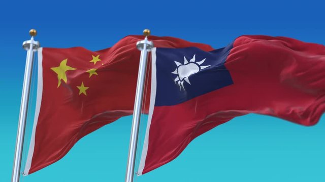 4k Seamless Taiwan and China Flags with blue sky background,A fully digital rendering,The animation loops at 20 seconds,TWN CN.