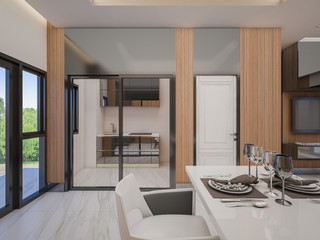 3d rendering of Dining room with small kitchen room in the house