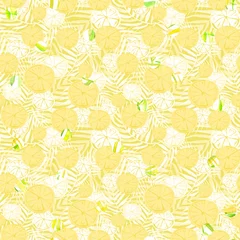 Gordijnen Watercolor abstract seamless background, pattern, spot, splash of paint, blot, divorce, color. yellow, orange leaves of a tree, palms, abstract fruit, citrus, lemon, orange. abstract yellow splash.  © helgafo