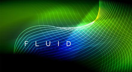 Neon glowing fluid wave lines, magic energy space light concept, abstract background wallpaper design, ripple texture illustration