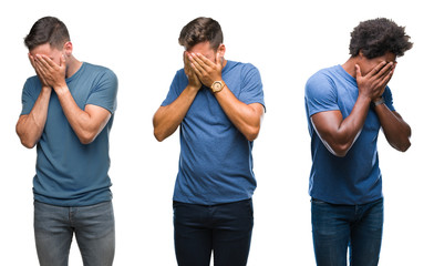 Collage of group of hispanic and african american men over isolated background with sad expression covering face with hands while crying. Depression concept.