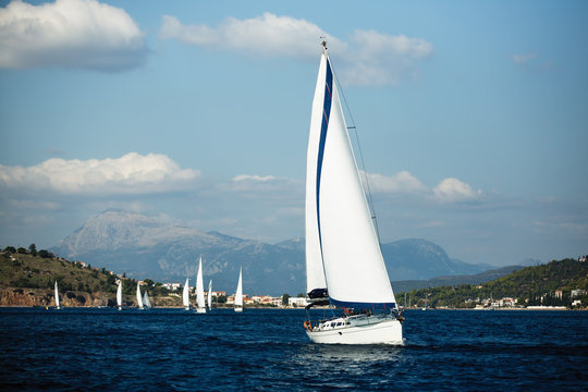 Greece sailing yacht boat at the Sea. Regatta and luxury cruise yachting.