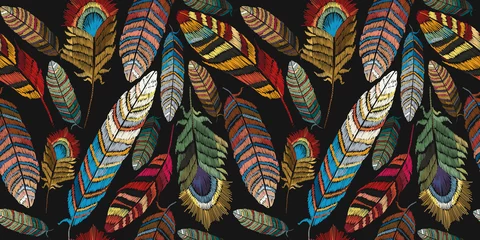 Foto auf Acrylglas Sammlungen Federn Stickerei nahtlose Muster. Wunderschöne tropische Pfauenfedernstickerei, Schablonentextilien, T-Shirt-Design