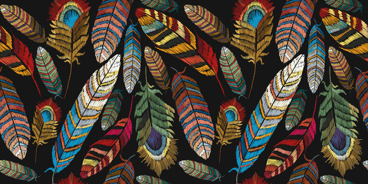 Feathers embroidery seamless pattern. Beautiful tropical peacock feathers embroidery, template textiles, t-shirt design