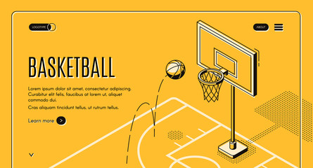 Basketball team, sport club black line art, isometric vector web banner, web site template with ball jumping on court in hoop illustration. Basketball championship, sport game tournament landing page