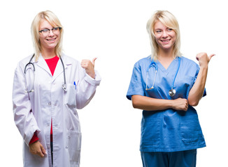 Collage of doctor and nurse woman over white isolated background smiling with happy face looking and pointing to the side with thumb up.