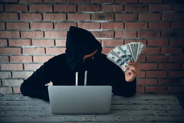 hacker try to hack and steal information system data from computer and show money after hacked it